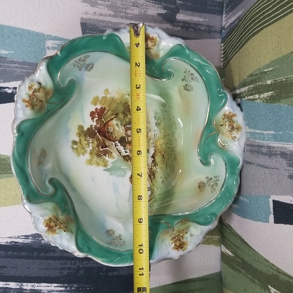 Germany Three Crown China Big Cottage Scenic Bowl With Wavery Green Gold Flowers - Picture 3 of 16